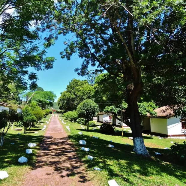 Caminho de pedras brancas entre os chalés